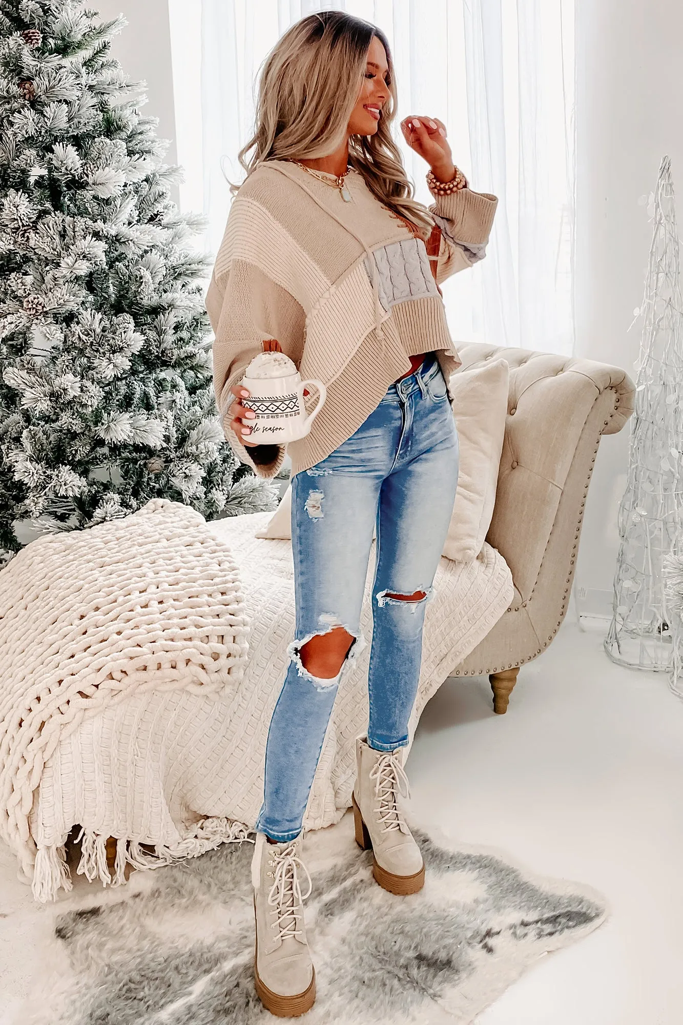 Patch Things Up Knit Color-Block Hoodie (Toffee Multi)