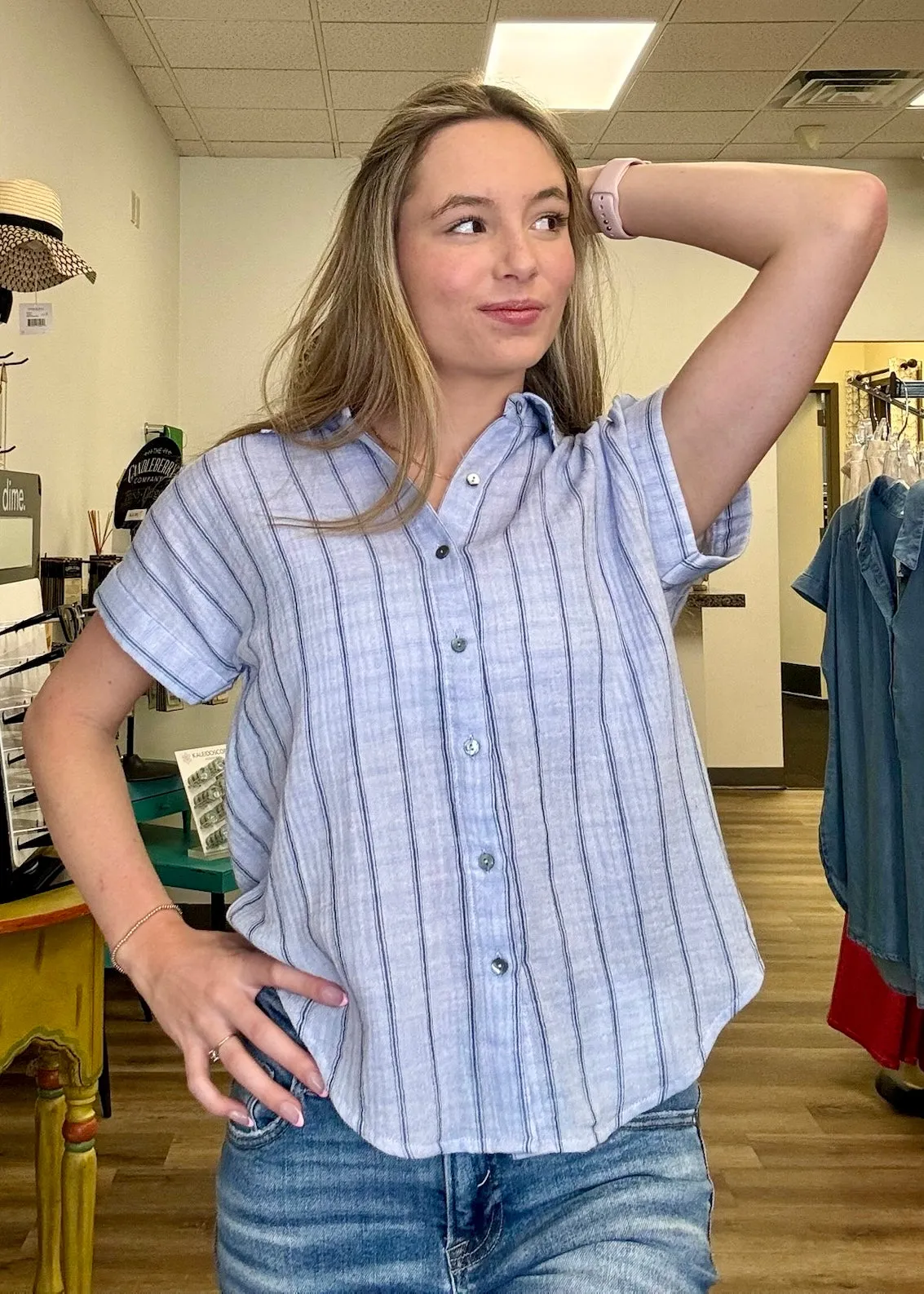 Pin Stripe Short Sleeve Button Up