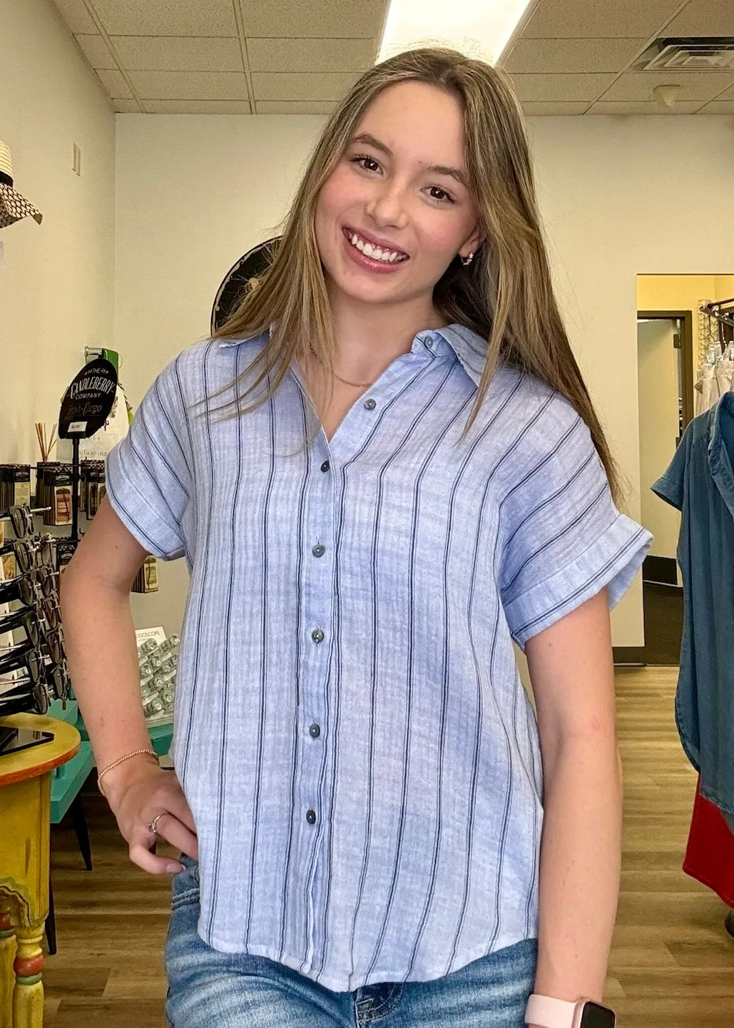Pin Stripe Short Sleeve Button Up