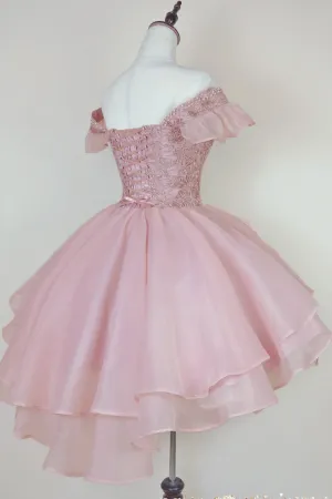 Pink Lace Homecoming Gown with Beading, Princess Off the Shoulder Hoco Dress