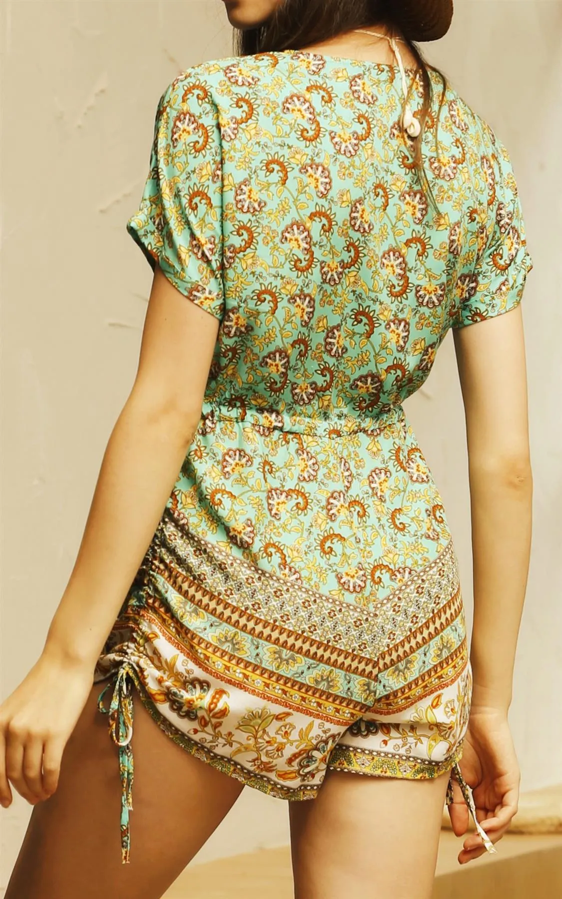 Playsuit With Drawstring Detail In Mint and Yellow Mixed Print