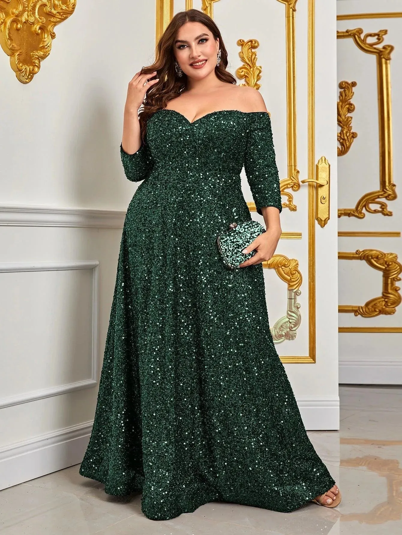 Plus Off Shoulder 3/4 Sleeves Sequin A Line Dress