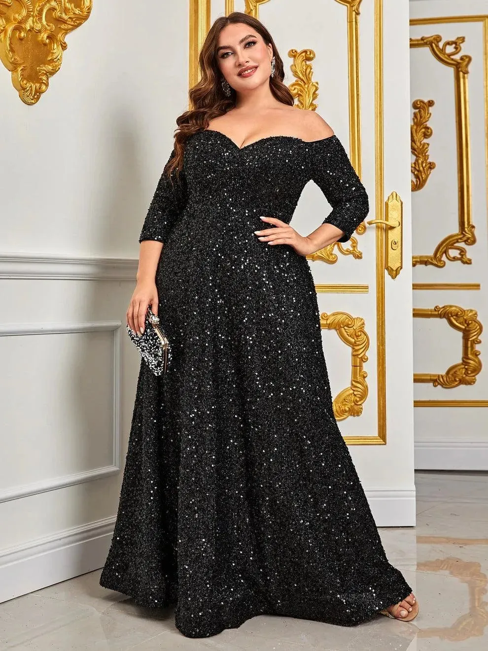 Plus Off Shoulder 3/4 Sleeves Sequin A Line Dress