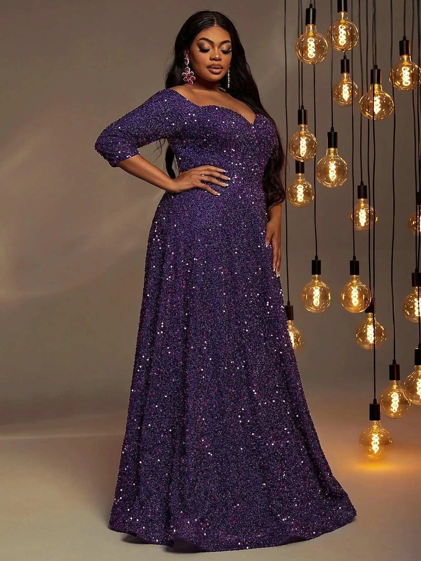 Plus Off Shoulder 3/4 Sleeves Sequin A Line Dress