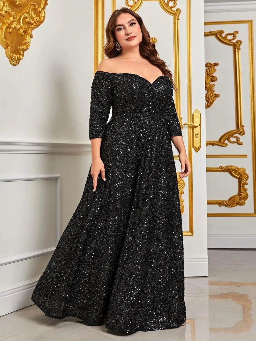 Plus Off Shoulder 3/4 Sleeves Sequin A Line Dress