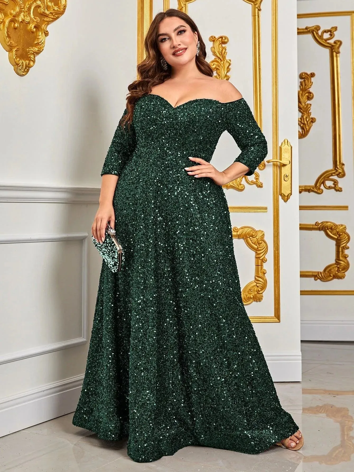 Plus Off Shoulder 3/4 Sleeves Sequin A Line Dress