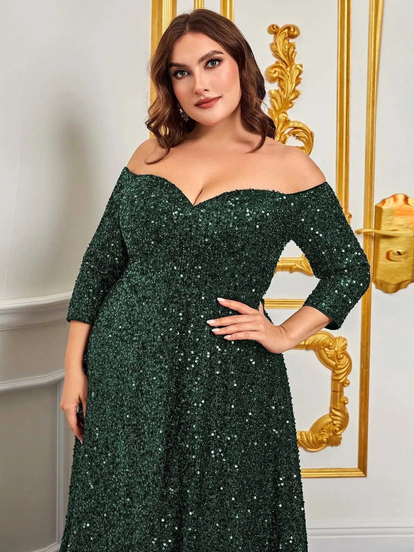 Plus Off Shoulder 3/4 Sleeves Sequin A Line Dress