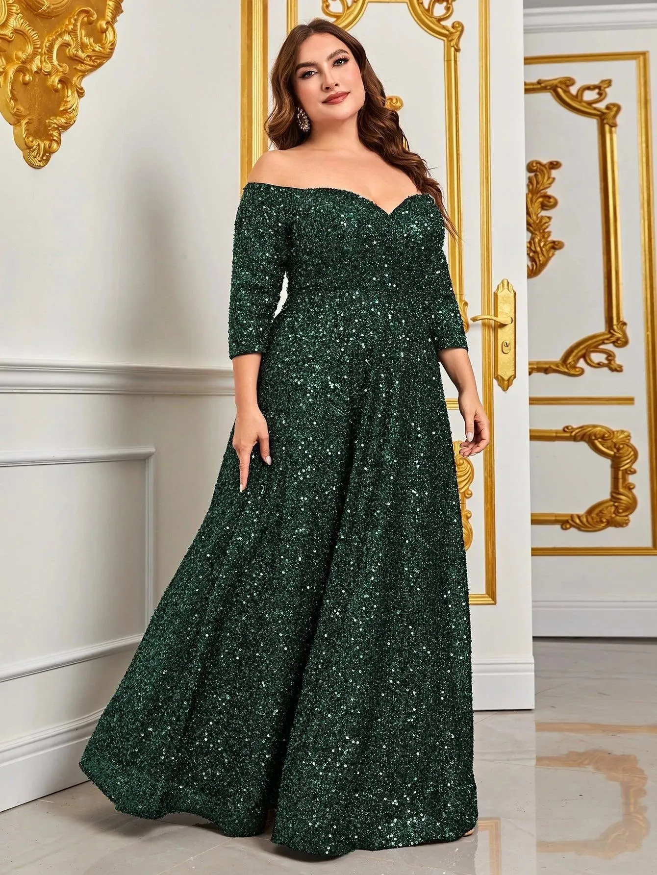 Plus Off Shoulder 3/4 Sleeves Sequin A Line Dress
