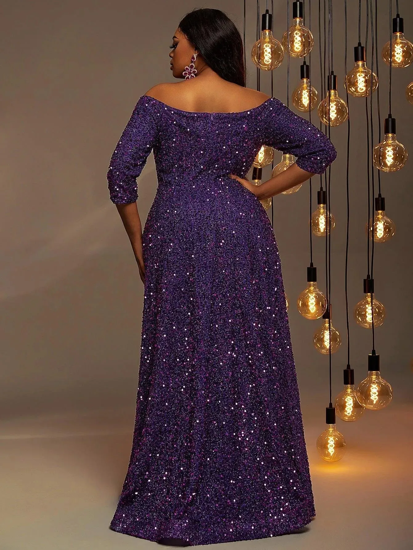 Plus Off Shoulder 3/4 Sleeves Sequin A Line Dress