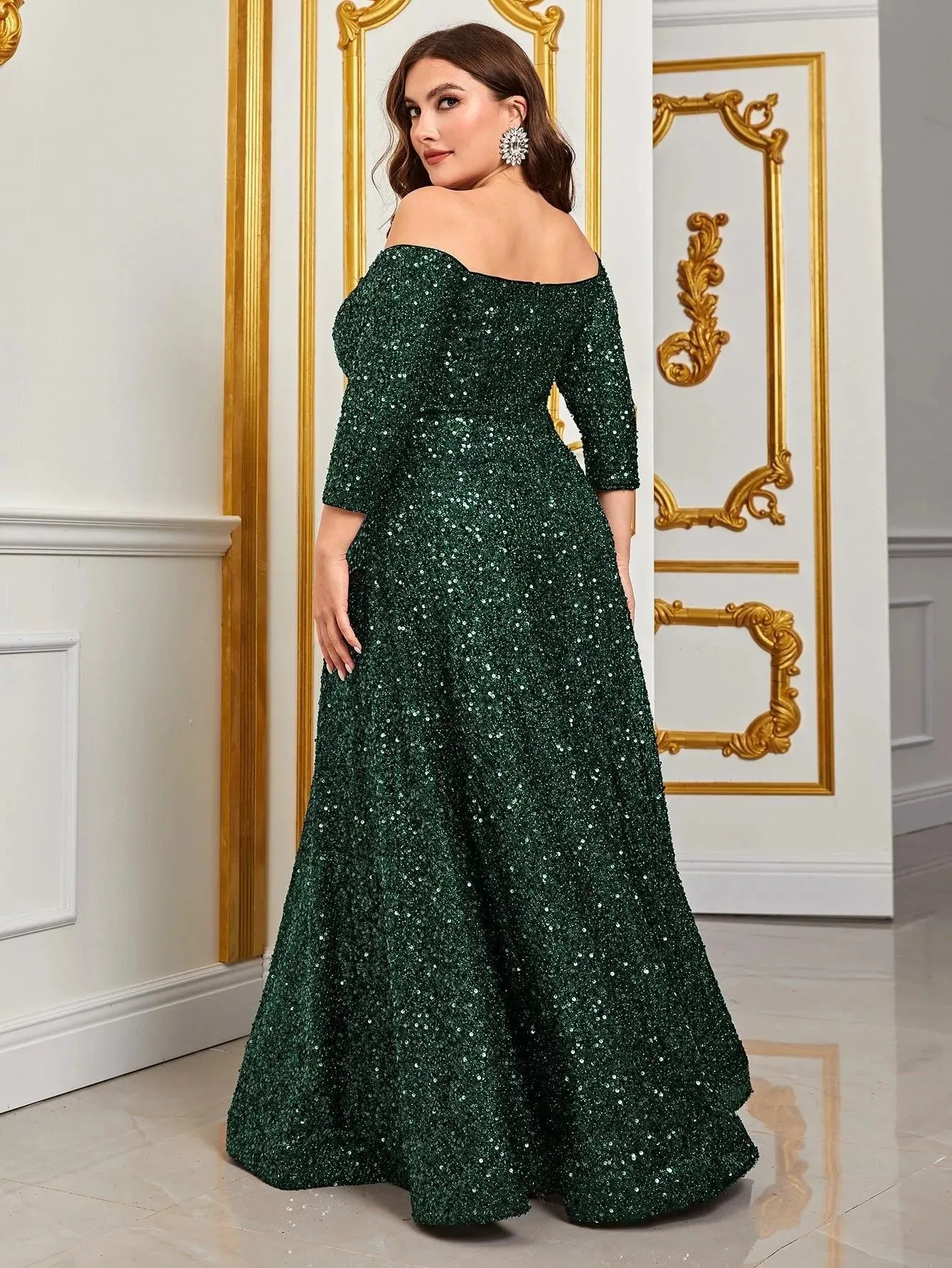 Plus Off Shoulder 3/4 Sleeves Sequin A Line Dress