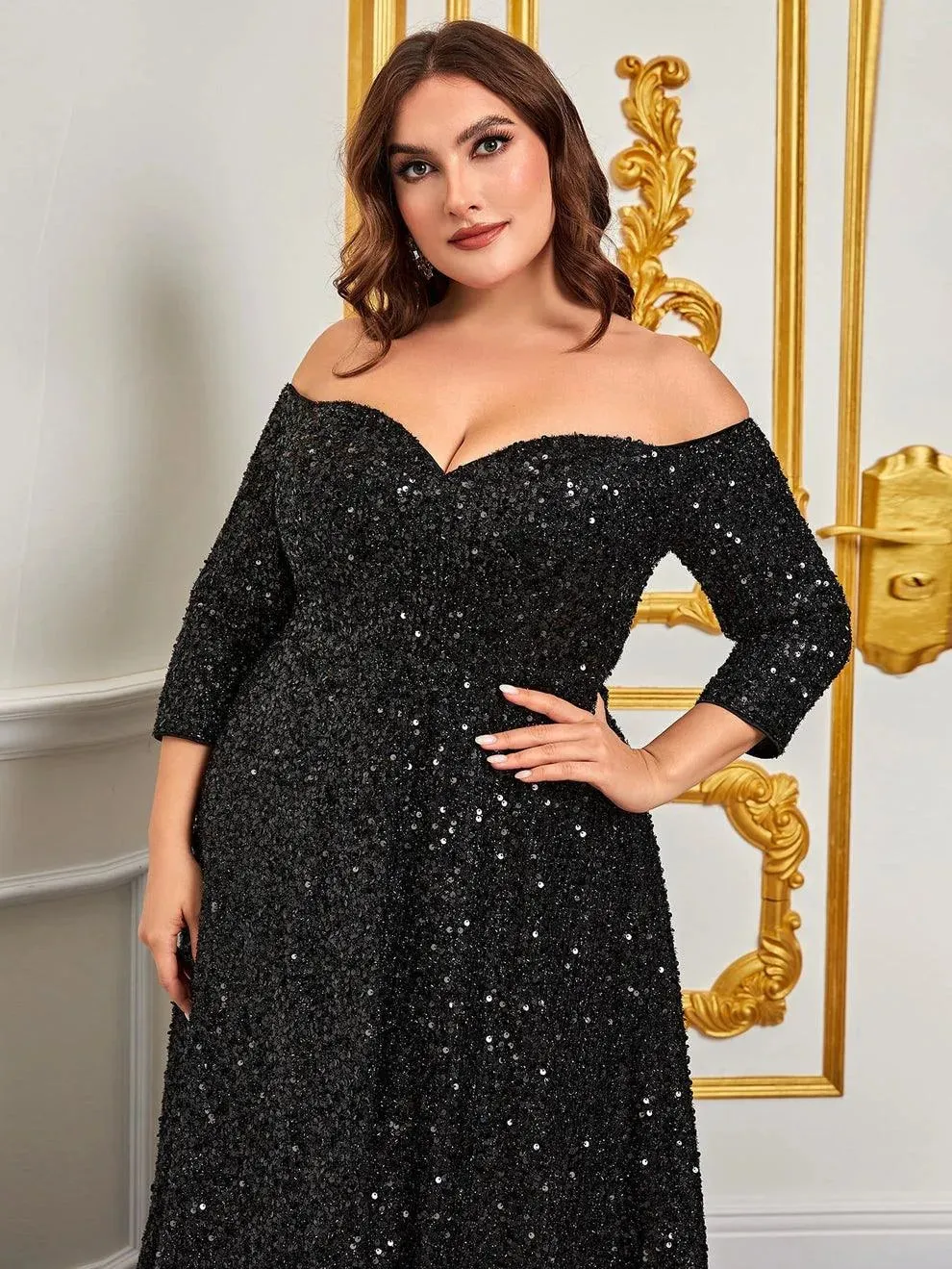 Plus Off Shoulder 3/4 Sleeves Sequin A Line Dress