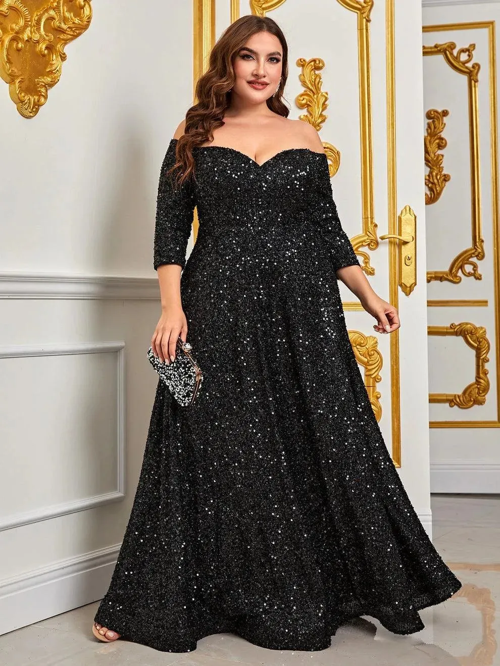 Plus Off Shoulder 3/4 Sleeves Sequin A Line Dress