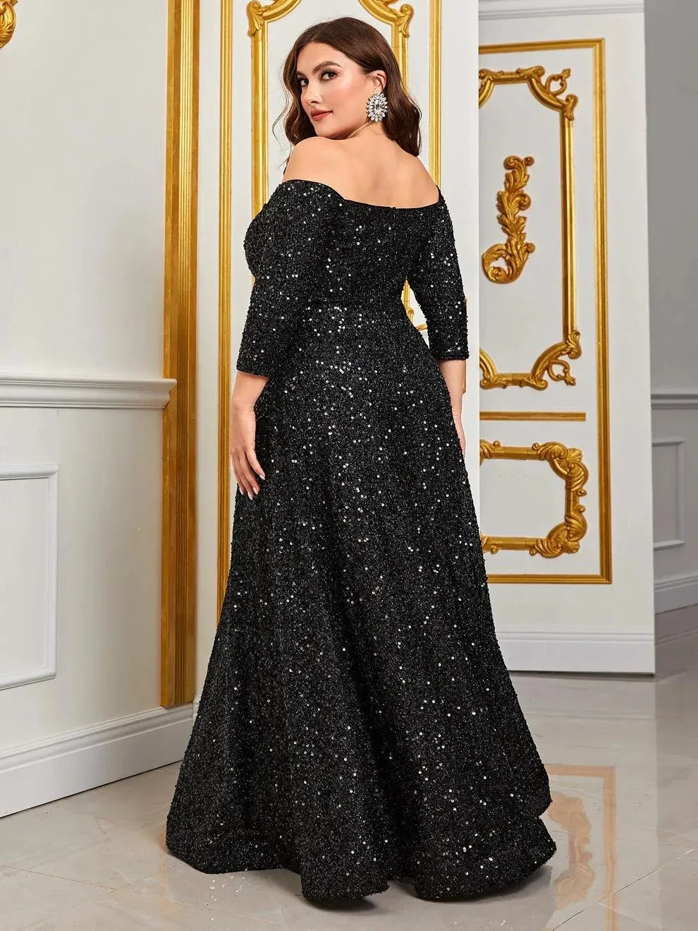 Plus Off Shoulder 3/4 Sleeves Sequin A Line Dress
