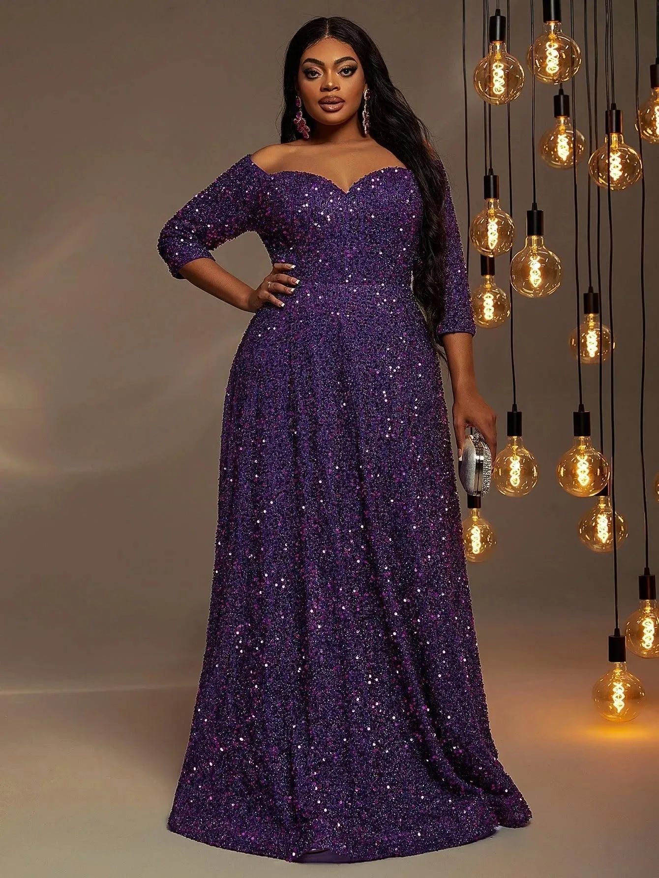 Plus Off Shoulder 3/4 Sleeves Sequin A Line Dress