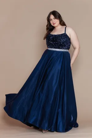 Plus Size Long Satin Dress with Sequin Bodice by Poly USA W1018