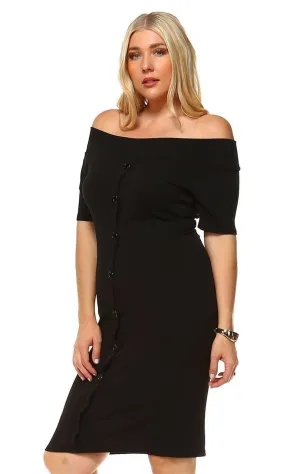 Plus Size Off Shoulder Bodycon Cocktail Dress Button Black