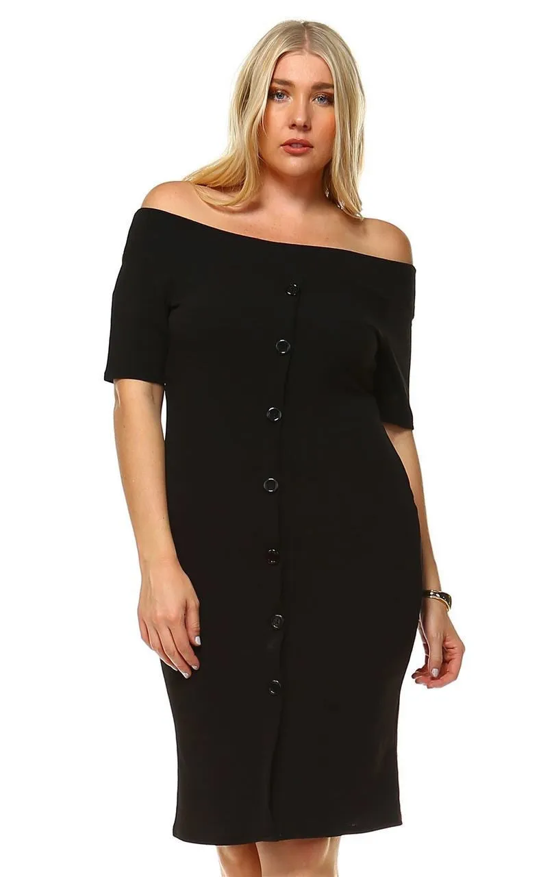 Plus Size Off Shoulder Bodycon Cocktail Dress Button Black