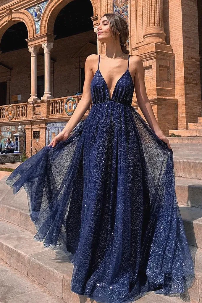 Promfast Sparkle Backless Plunging Neckline Sequin Long Prom Evening Dress PFP1918
