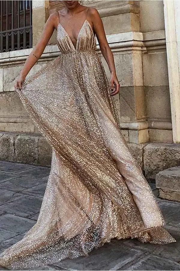 Promfast Sparkle Backless Plunging Neckline Sequin Long Prom Evening Dress PFP1918
