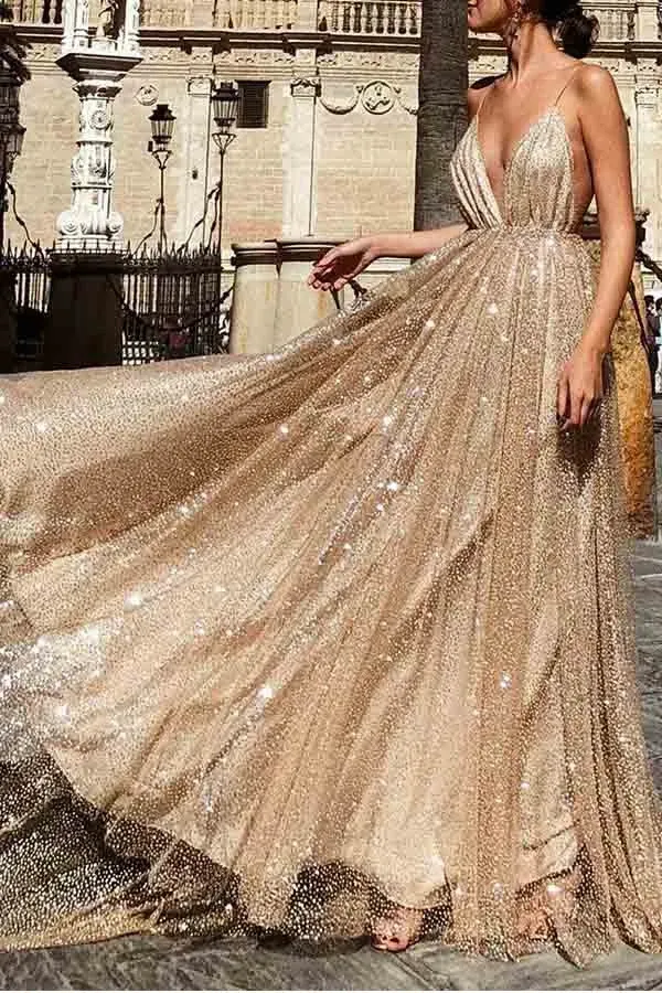 Promfast Sparkle Backless Plunging Neckline Sequin Long Prom Evening Dress PFP1918