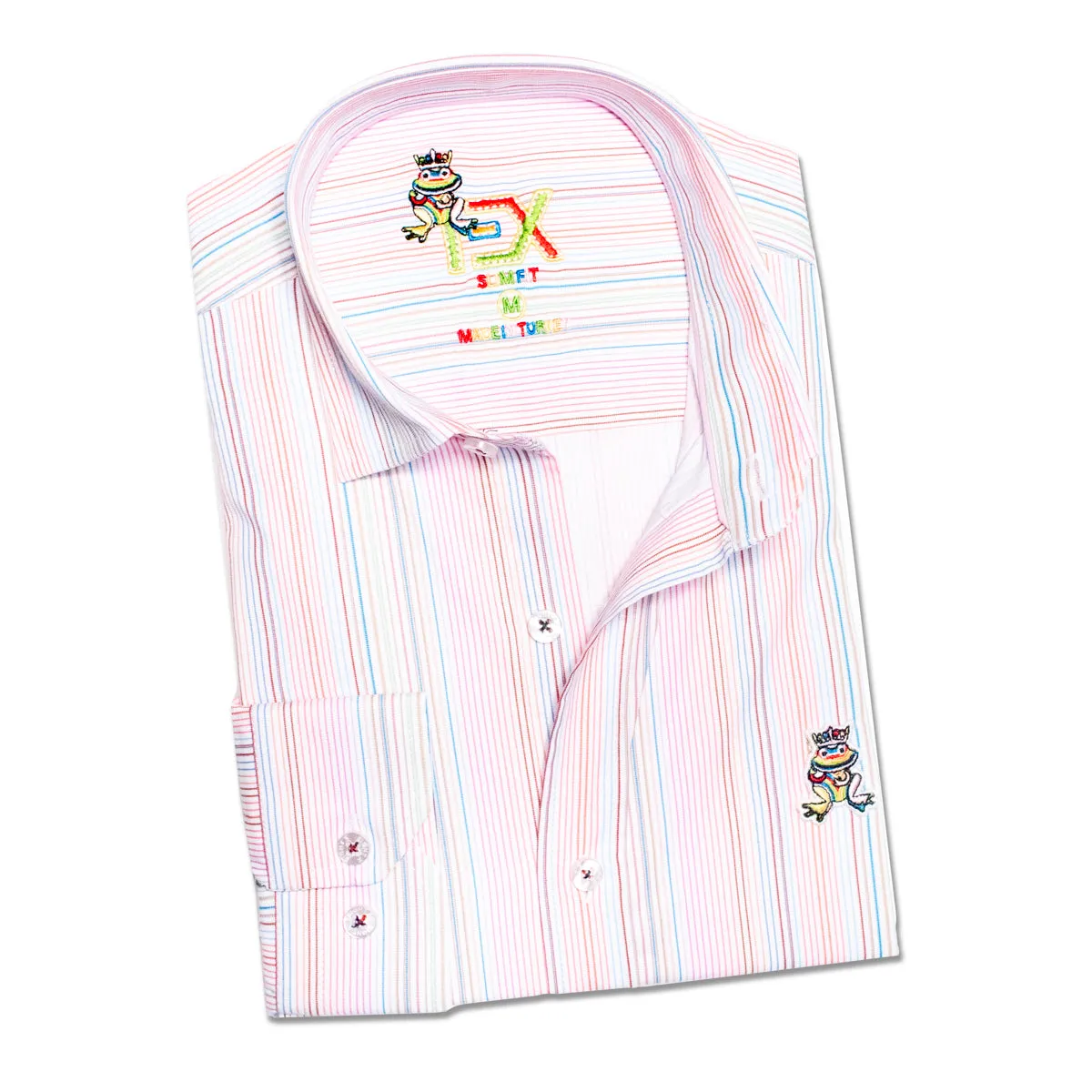 Rainbow Pinstripe FROG Button Down Shirt - Pink