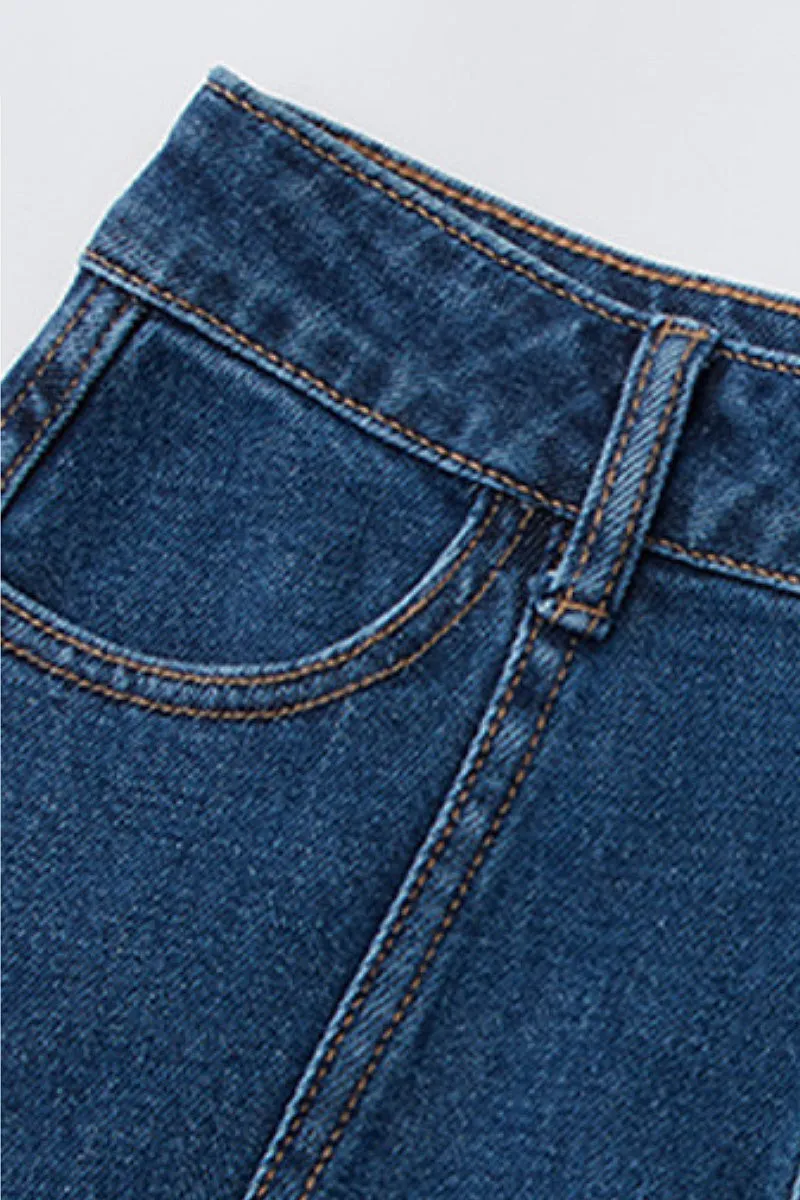Reconstructed Denim A-Line Flare Midi Skirt with Raw Hem