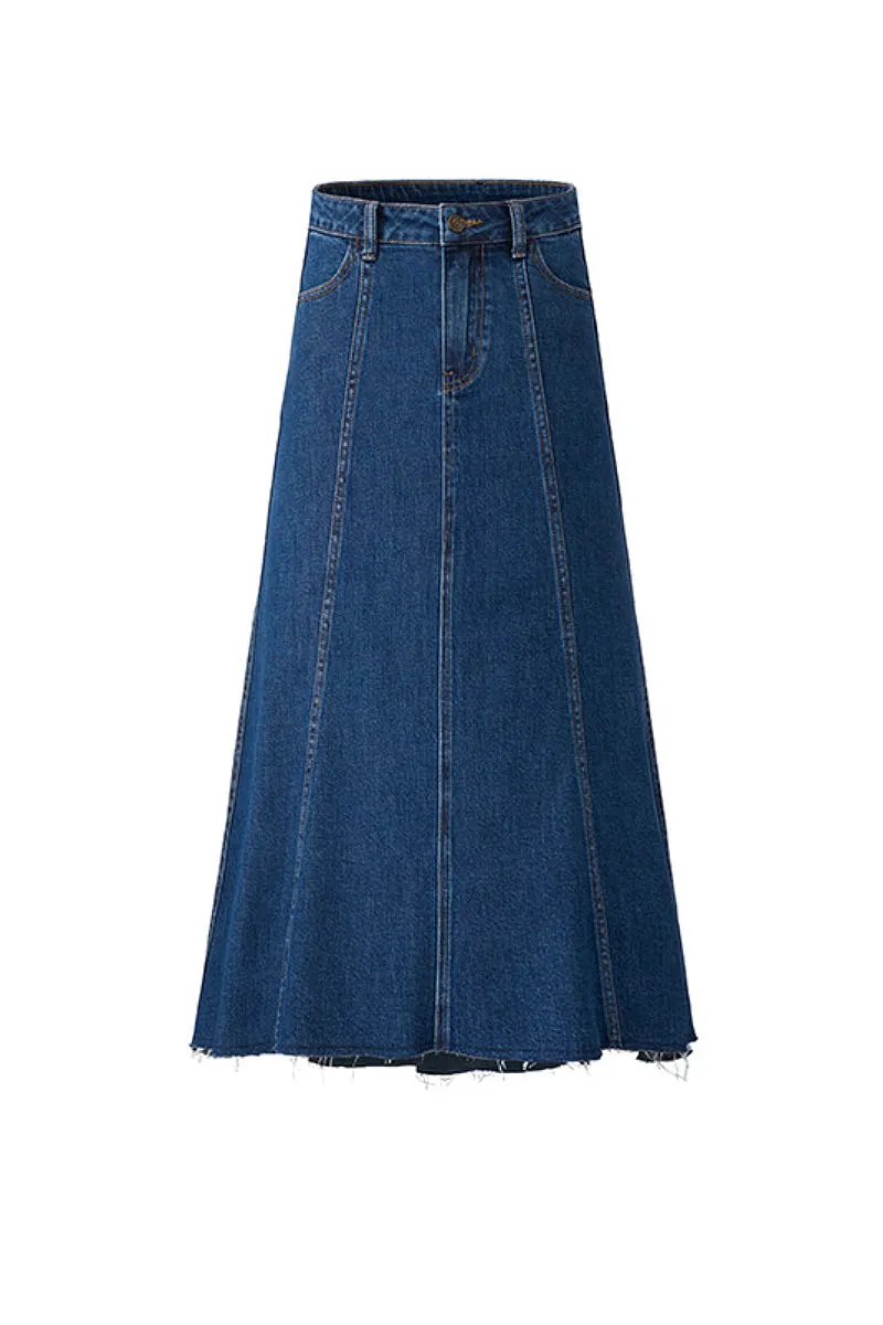 Reconstructed Denim A-Line Flare Midi Skirt with Raw Hem