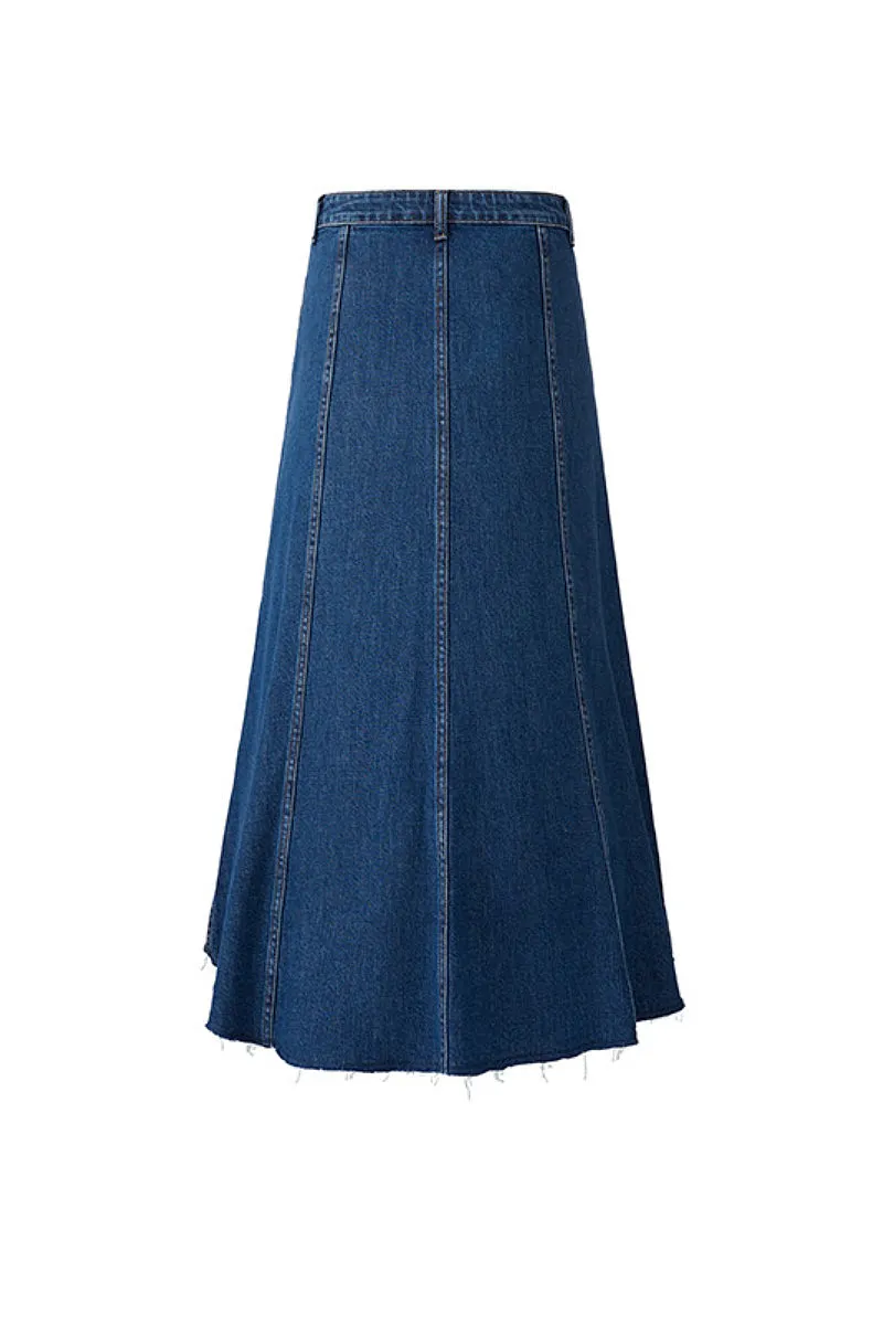 Reconstructed Denim A-Line Flare Midi Skirt with Raw Hem