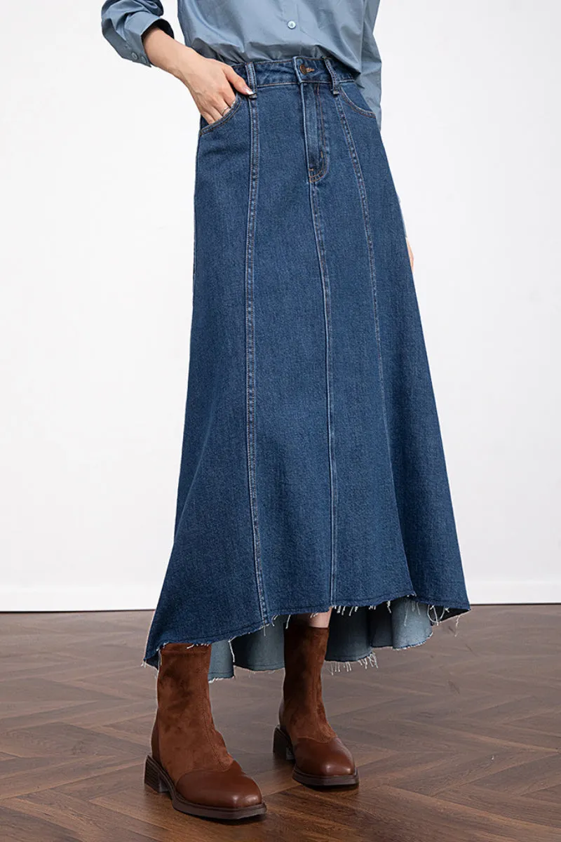 Reconstructed Denim A-Line Flare Midi Skirt with Raw Hem