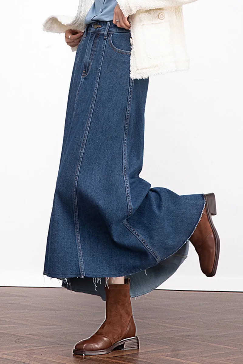 Reconstructed Denim A-Line Flare Midi Skirt with Raw Hem
