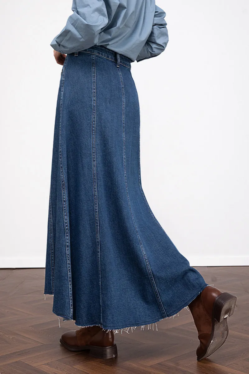 Reconstructed Denim A-Line Flare Midi Skirt with Raw Hem