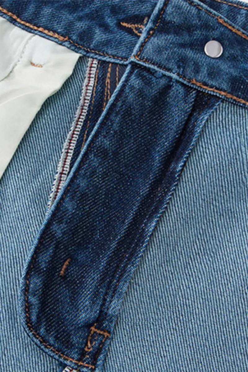 Reconstructed Denim A-Line Flare Midi Skirt with Raw Hem