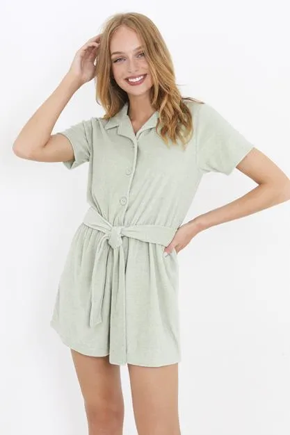 SAGE GREEN TOWELLING BELTED SLEEP PLAYSUIT