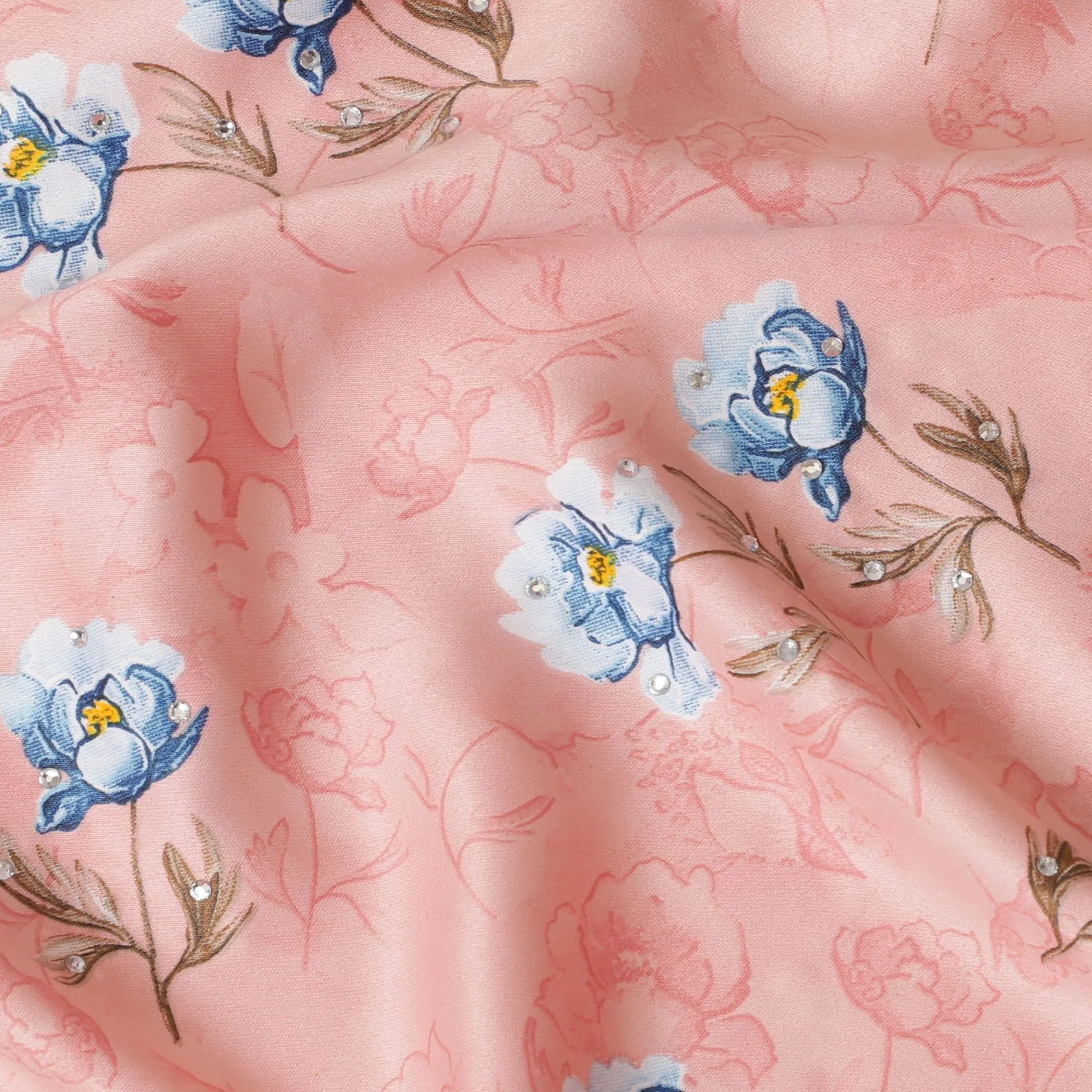 Salmon peach synthetic crepe fabric with multicolor print having stone work in floral design-D15309