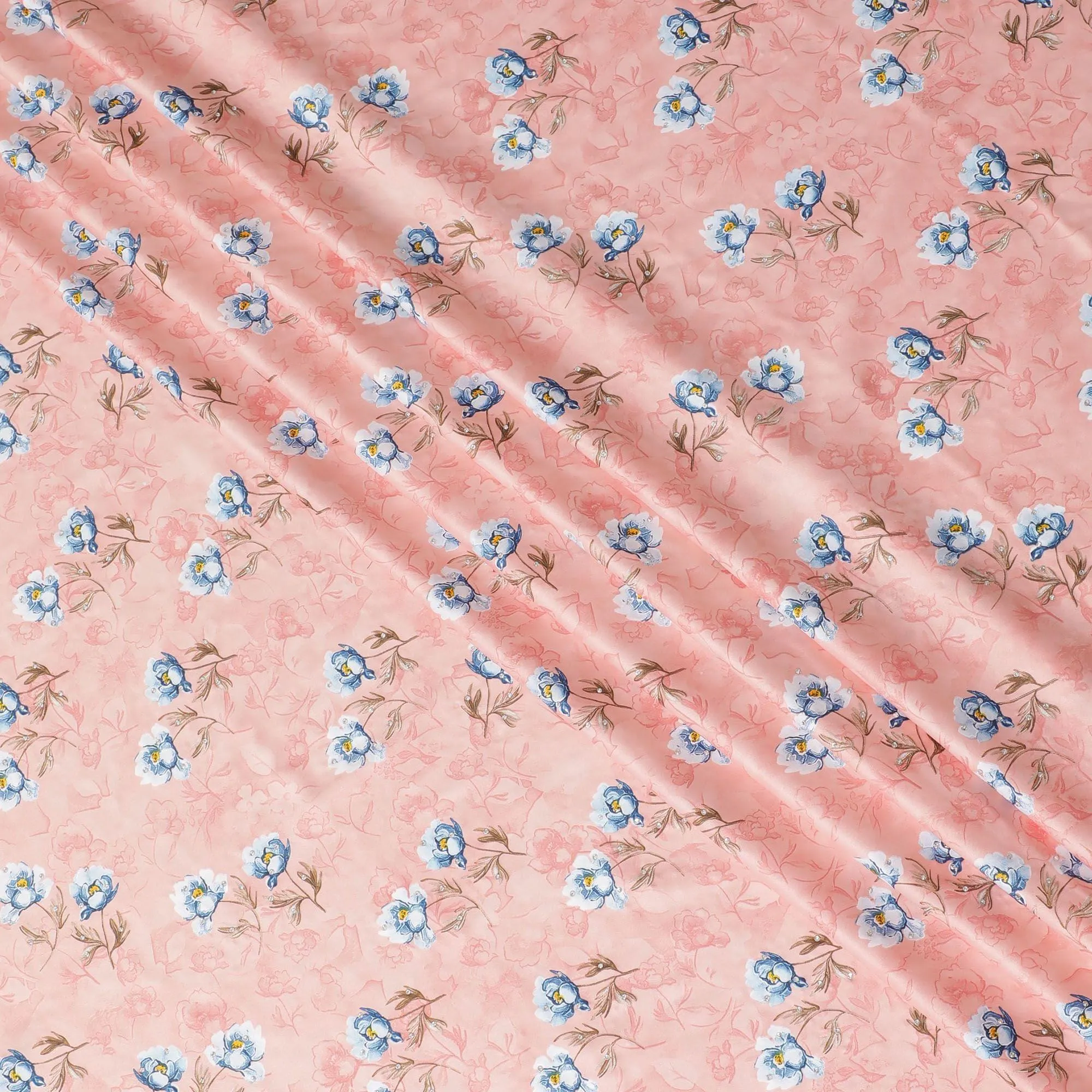 Salmon peach synthetic crepe fabric with multicolor print having stone work in floral design-D15309