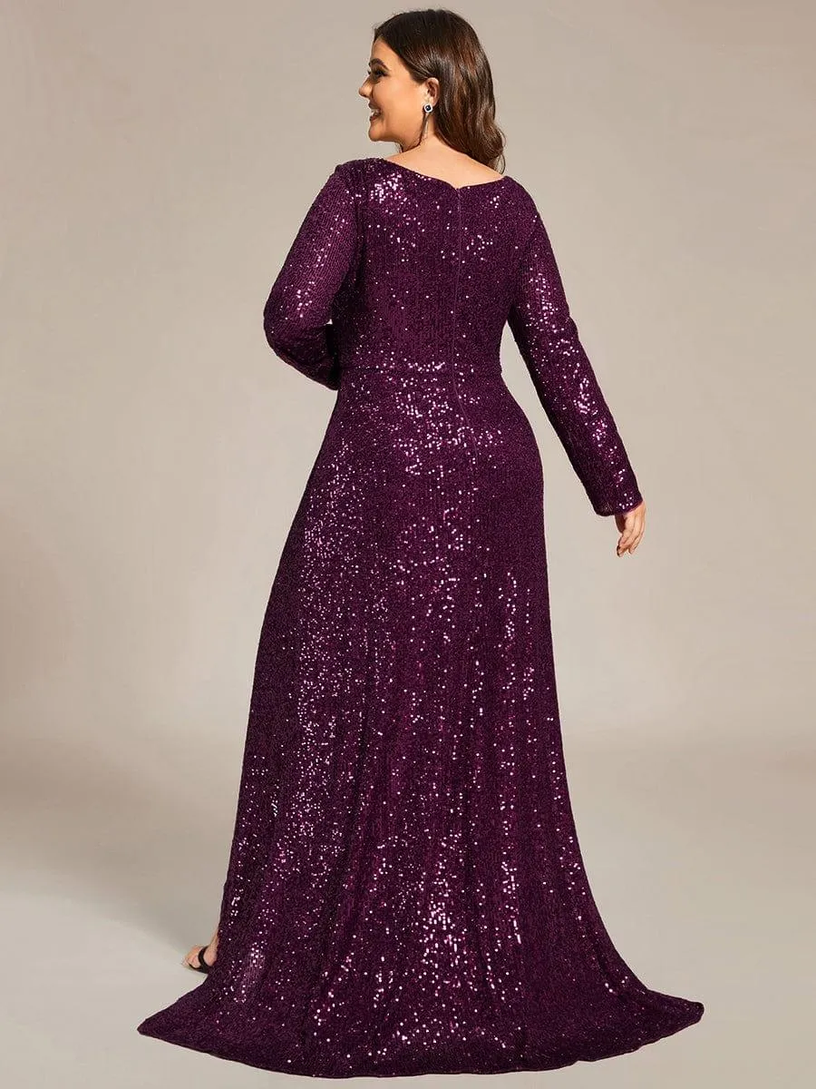Sequin Long Sleeve V-neck Asymmetrical Hem Evening Dress