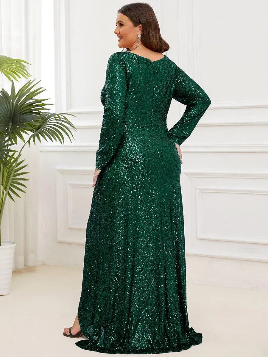 Sequin Long Sleeve V-neck Asymmetrical Hem Evening Dress