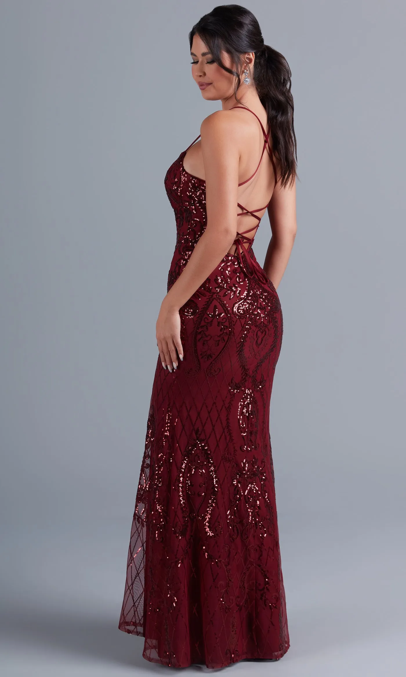 Sequin-Print Long Formal Dress with Statement Back
