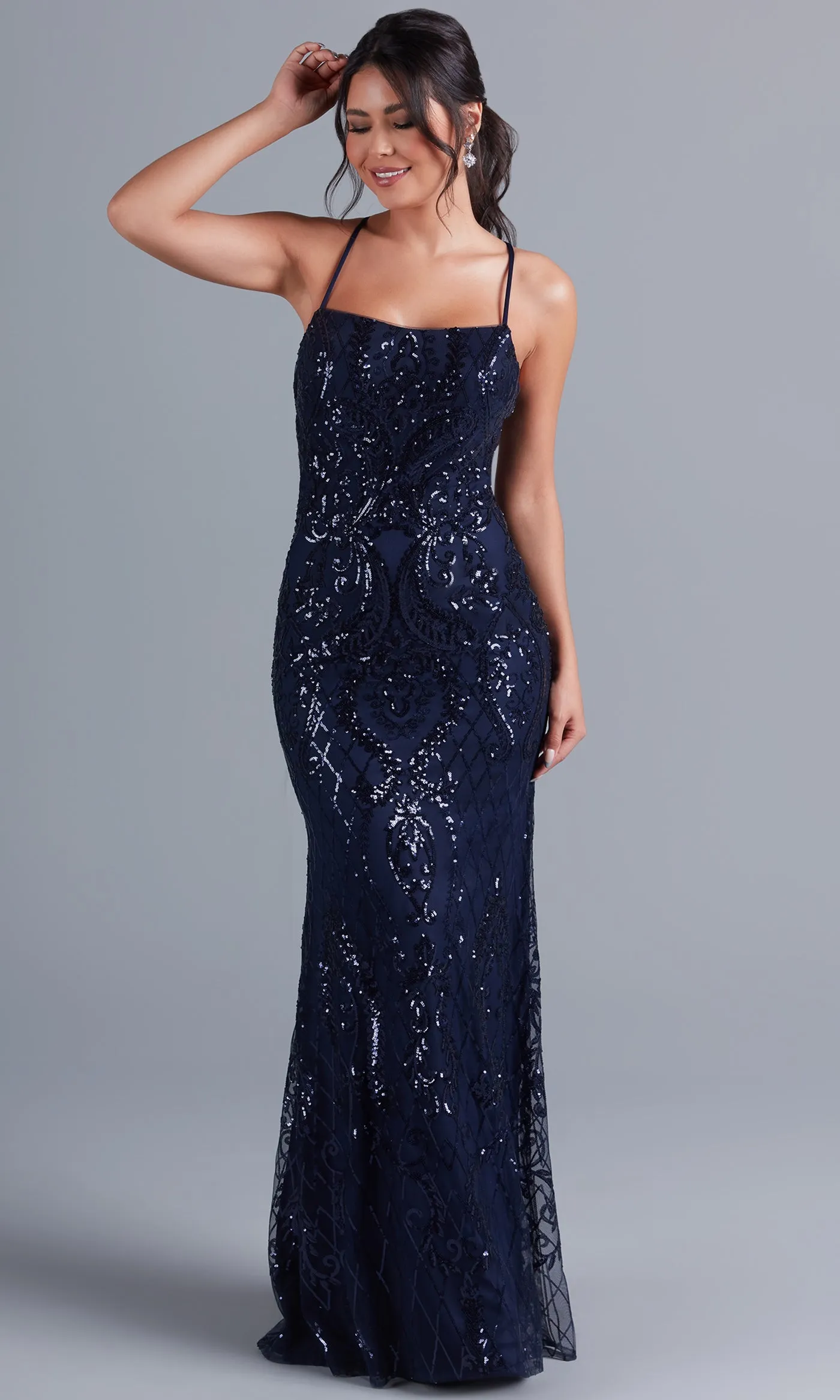 Sequin-Print Long Formal Dress with Statement Back