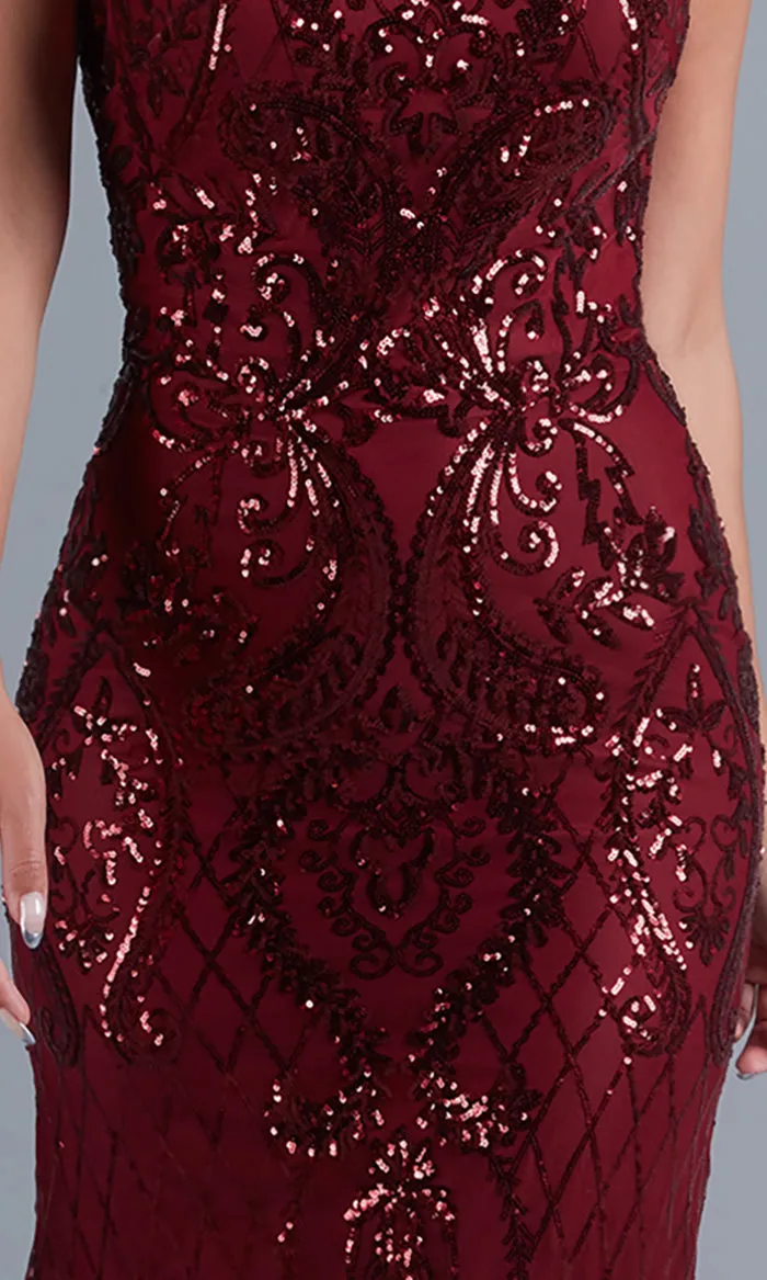 Sequin-Print Long Formal Dress with Statement Back