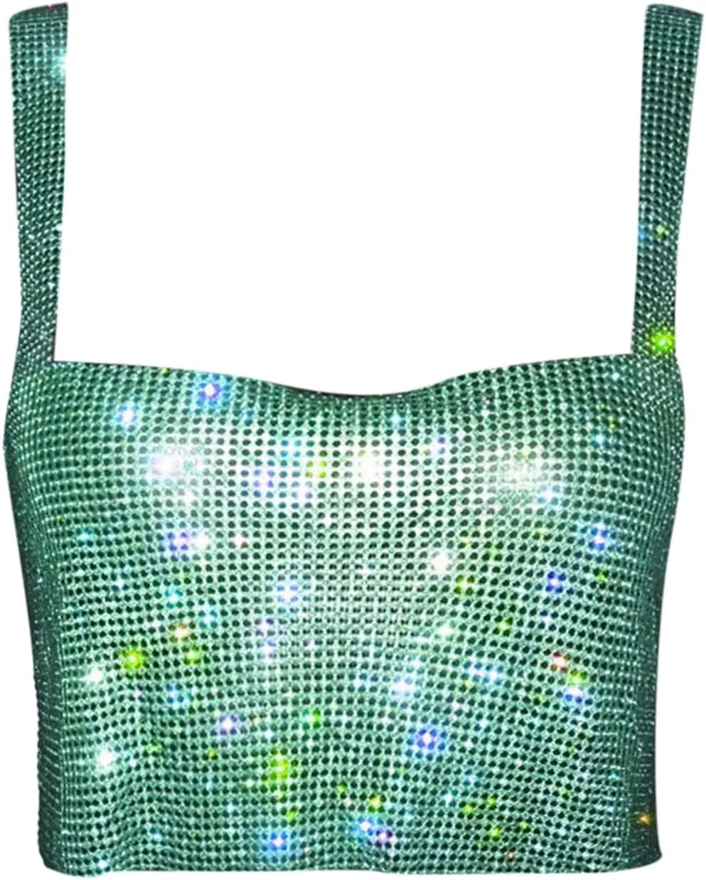 Sequin Summer Tank Tops for Women Club Cropped Rhinestone Glitter Sleeveless Spring Blouses Sparkle Camisole Party