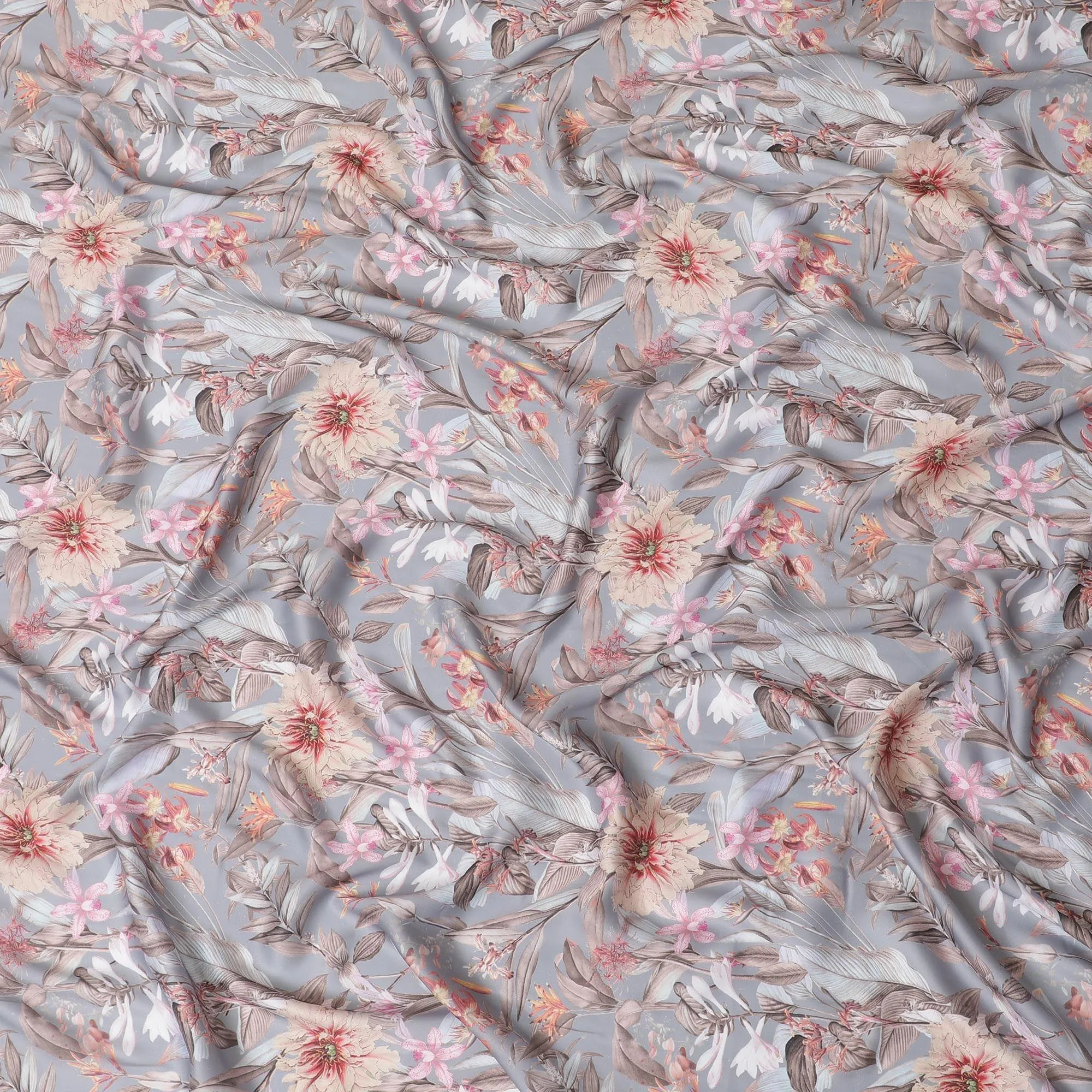 Silver grey synthetic crepe fabric with multicolor print in floral design-D15668