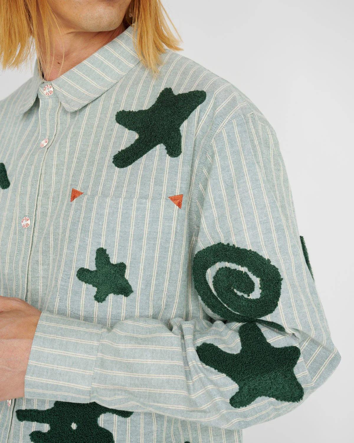 Striped Chenille Symbol Button Up Shirt - Green