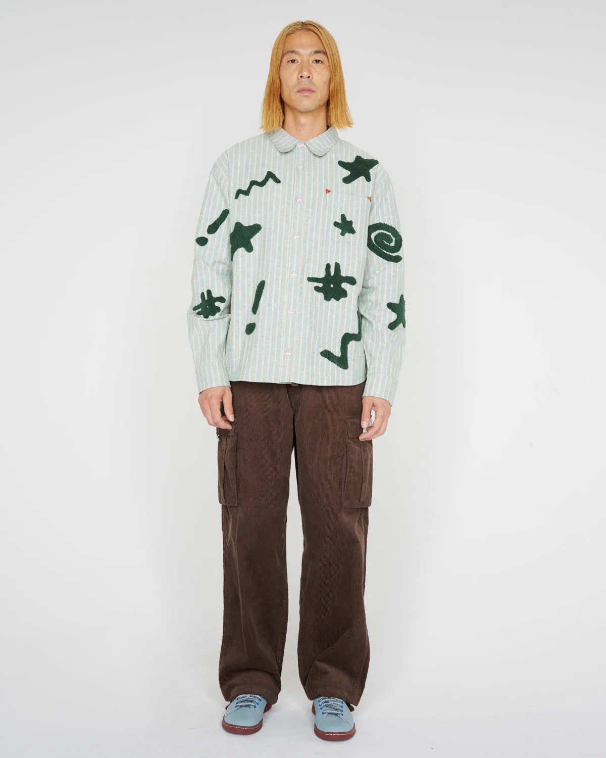 Striped Chenille Symbol Button Up Shirt - Green