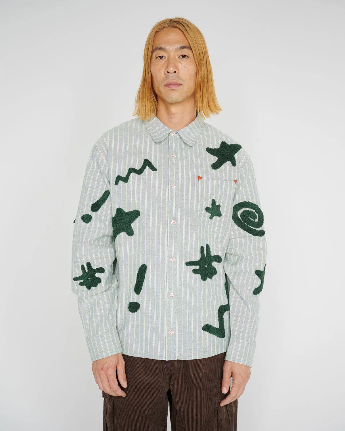 Striped Chenille Symbol Button Up Shirt - Green