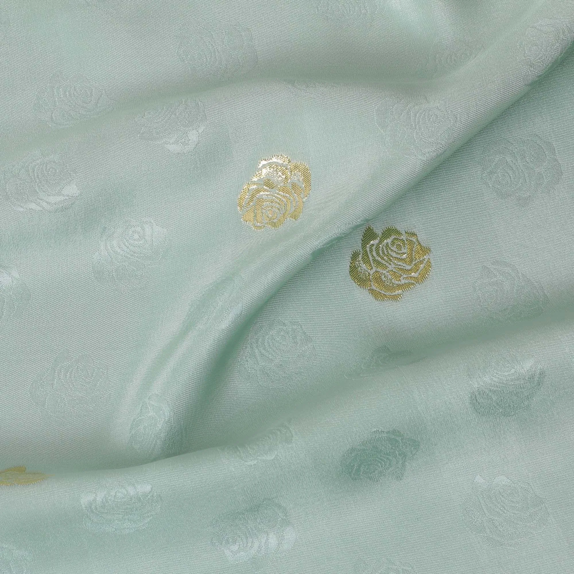 Tea green crepe silk fabric with gold and similar color jacquard in floral design-D15766