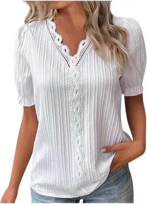 Tunic Tops for Women Casual Spring Womens Lace V Neck Puff Short Sleeve Pleated T-Shirts Summer Tops Tunic Blouse