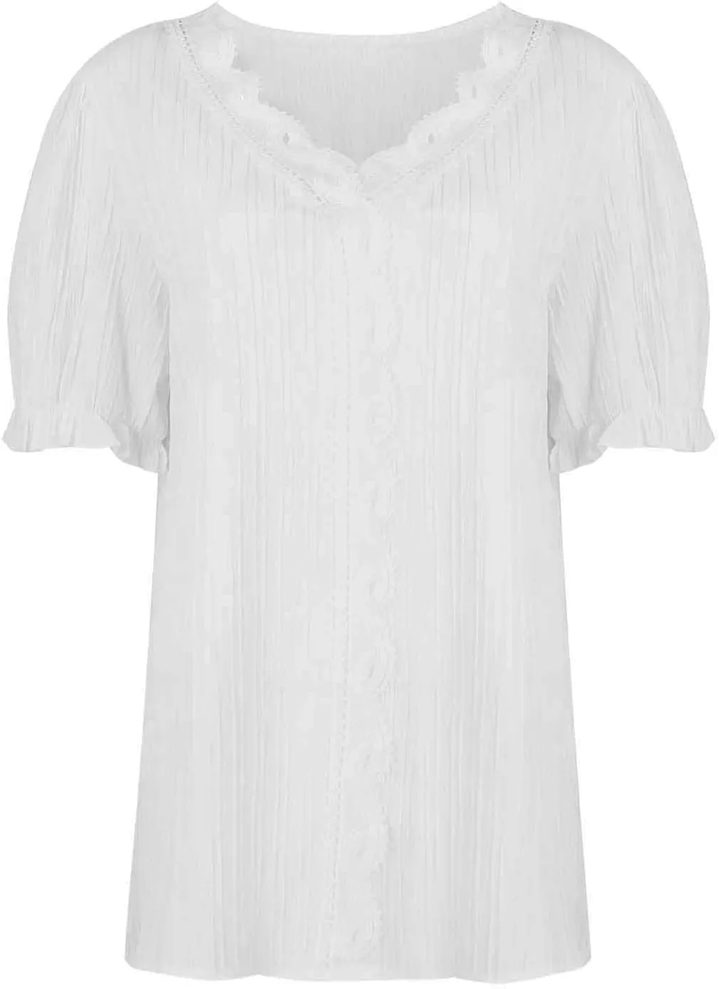 Tunic Tops for Women Casual Spring Womens Lace V Neck Puff Short Sleeve Pleated T-Shirts Summer Tops Tunic Blouse