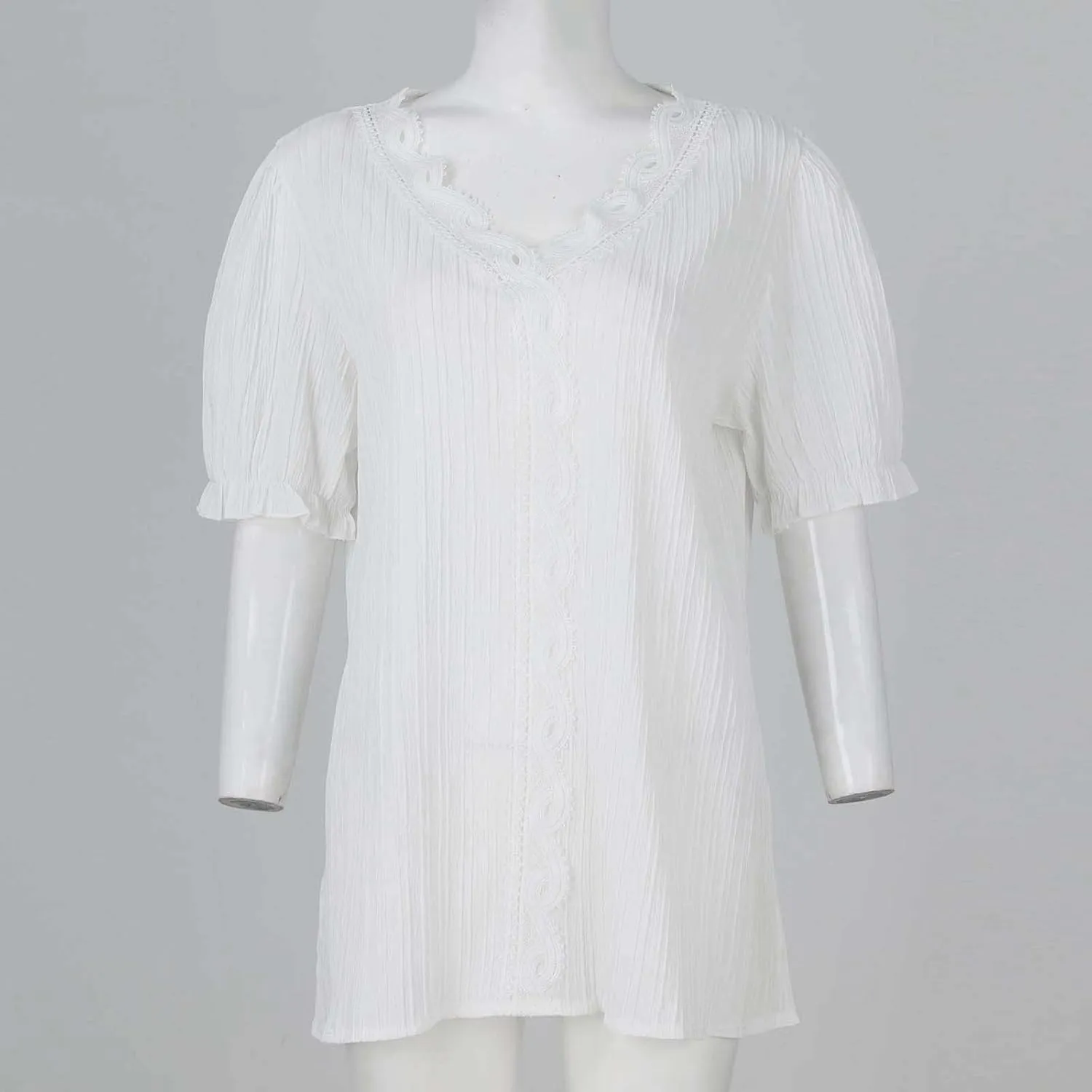 Tunic Tops for Women Casual Spring Womens Lace V Neck Puff Short Sleeve Pleated T-Shirts Summer Tops Tunic Blouse