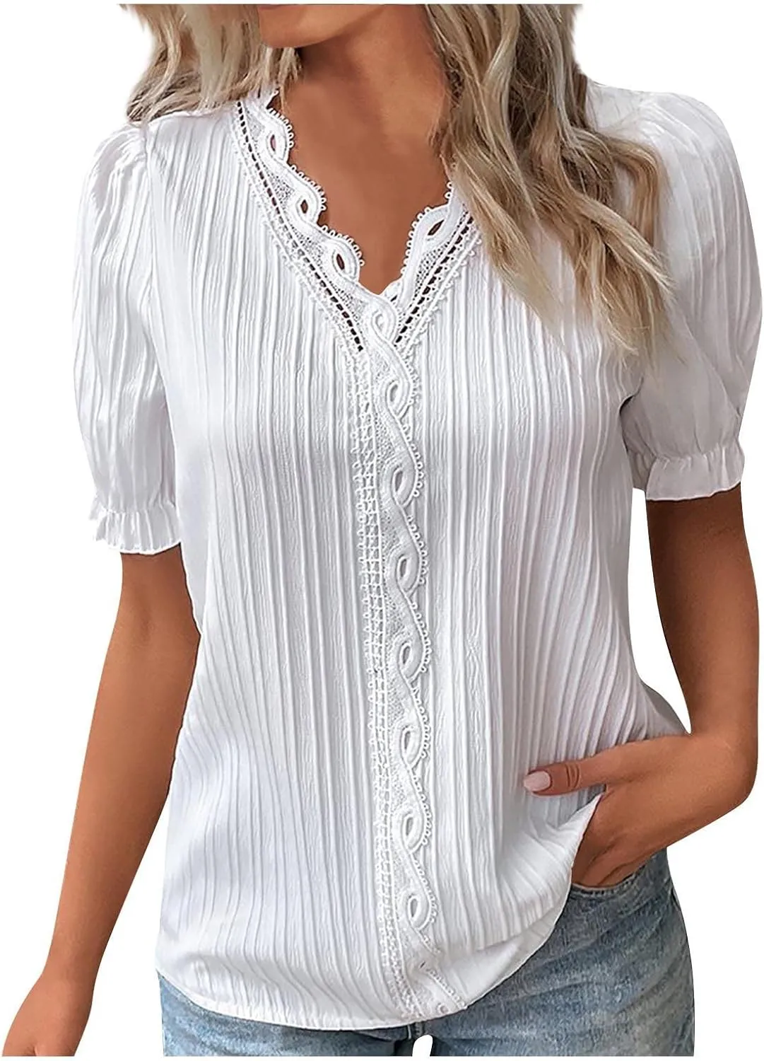 Tunic Tops for Women Casual Spring Womens Lace V Neck Puff Short Sleeve Pleated T-Shirts Summer Tops Tunic Blouse